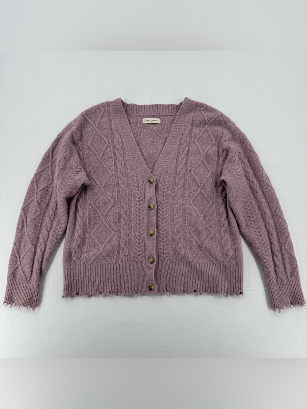 Lucky Brand Dusty Lilac Cable Knit Cardigan Sweater Medium Distressed Hem - Picture 7 of 15